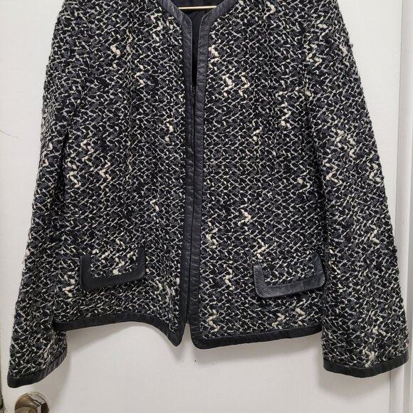 Dana Buchman Blazer Women Plus Sz 16 Zipper Tweed Boucle Wool Trim Leather - Picture 3 of 13
